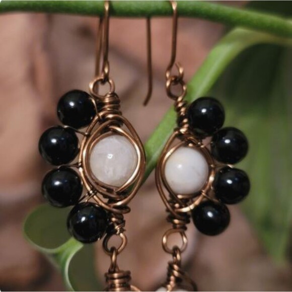 Handmade Wire Wrapped Dangle Earrings – Black & White Beaded Boho Jewelry - Picture 9 of 9